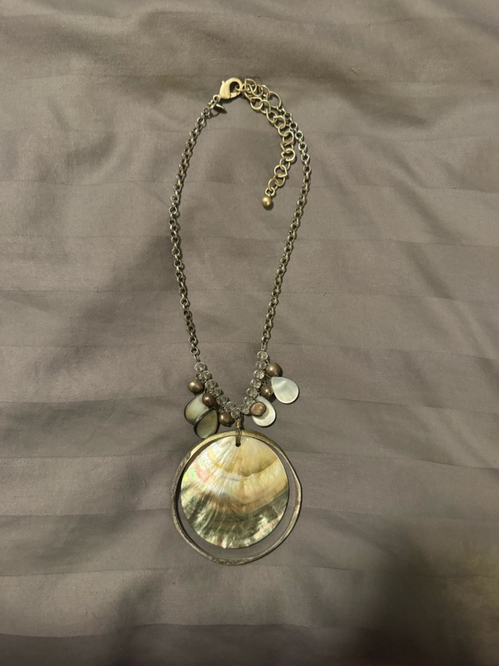 Chico's Iridescent Mother-of-Pearl Pendant Necklace with Bronze Accents